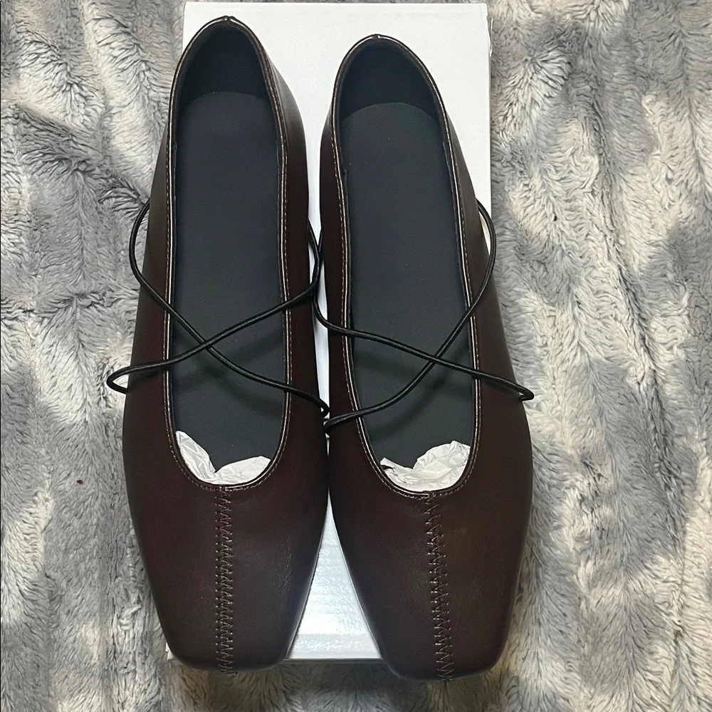 Brown Square-Toe Crisscross Strap Flats - Picture 4 of 17